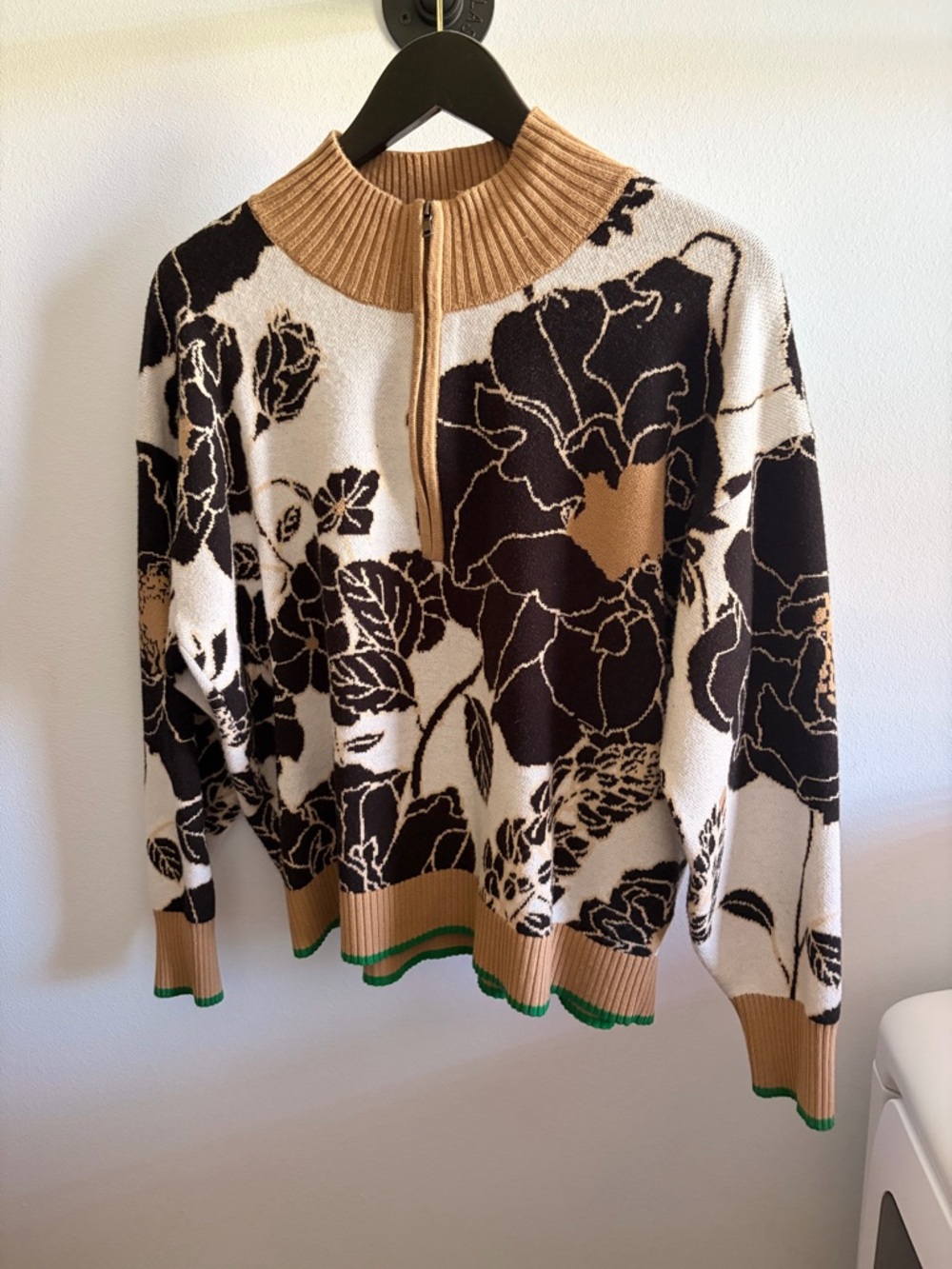 Maeve Floral Zip Cowl Sweater in Cream, Black & Tan with Green Trim